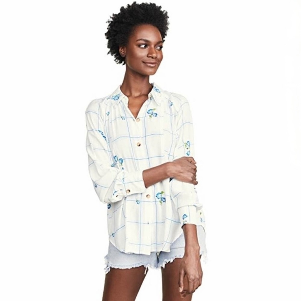 EUC ✵☽Free People☾✵ Boho Button Down Shirt | Blue White Western Floral Top | XS